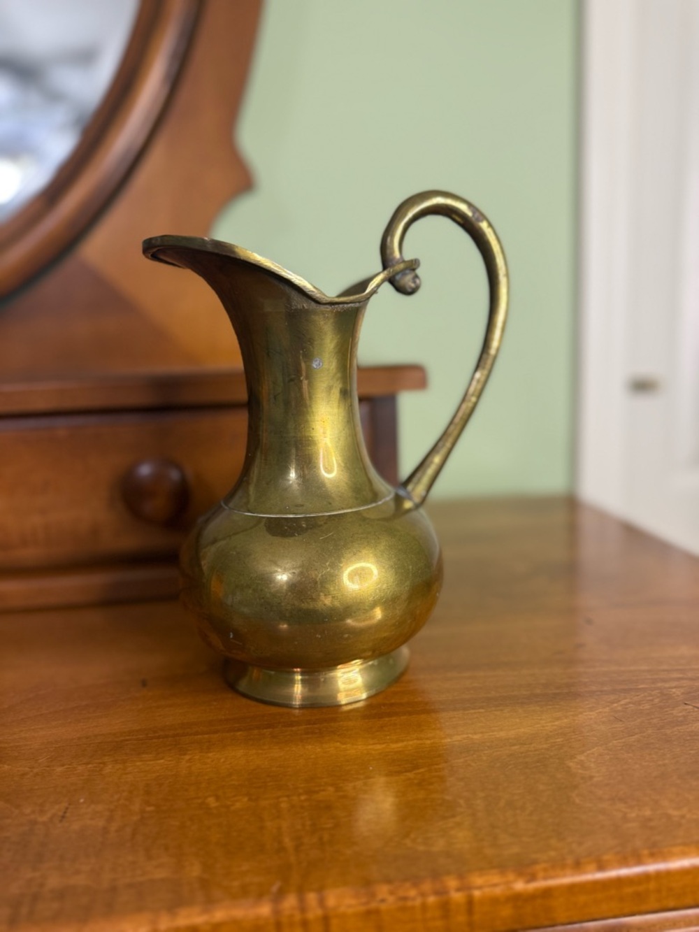 Vintage solid brass pitcher French country vase patinated cottage core ewer‎